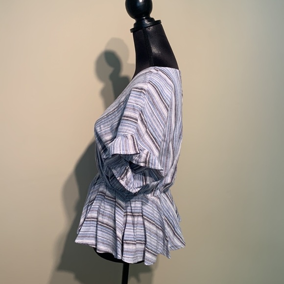FRANCESCA’S mi ami Faux Wrap Striped Peplum Ruffle Sleeve Linen Beach Top - Picture 3 of 7